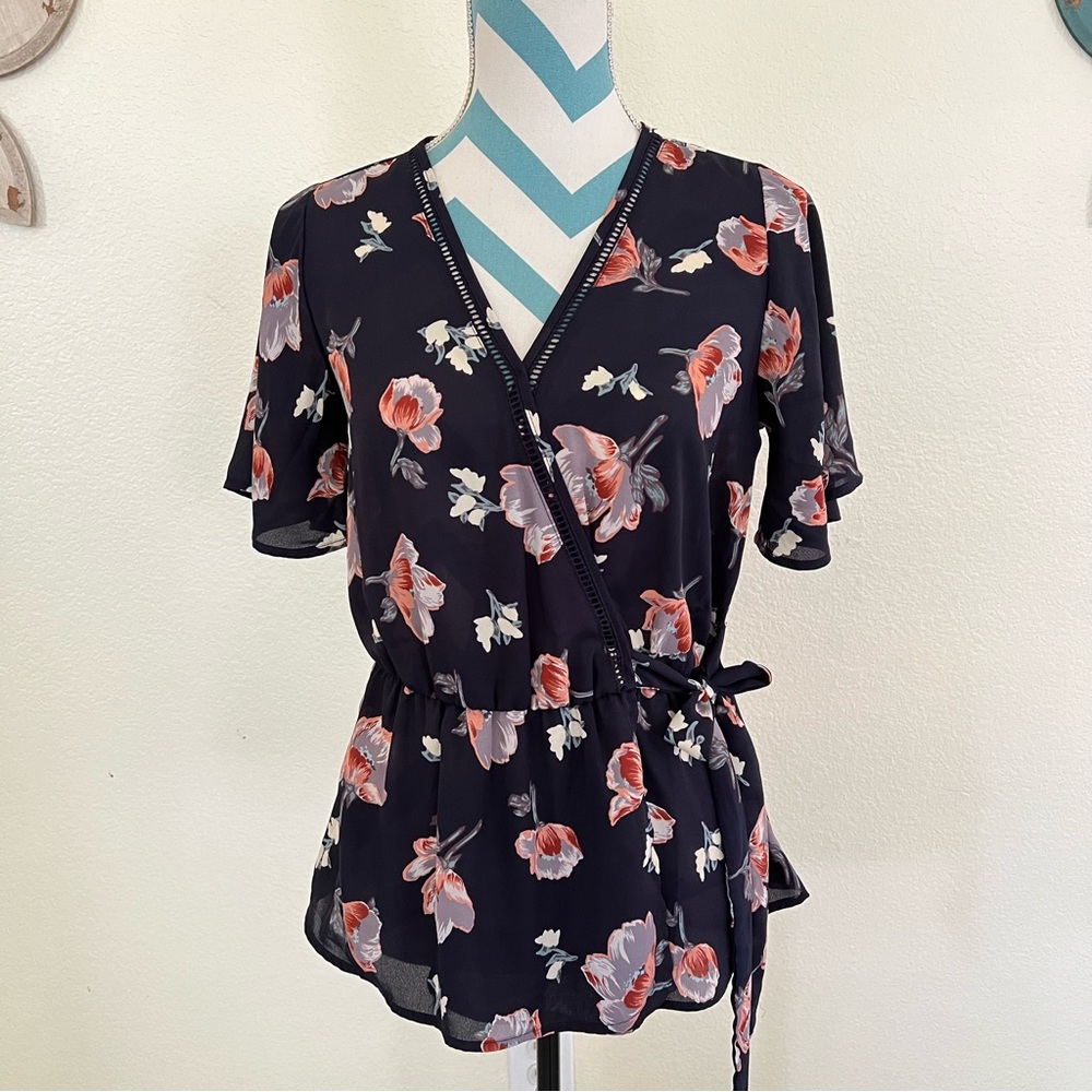 Sienna Sky Faux Wrap Sheer Blouse With Flowers size Small Tie Front Bow